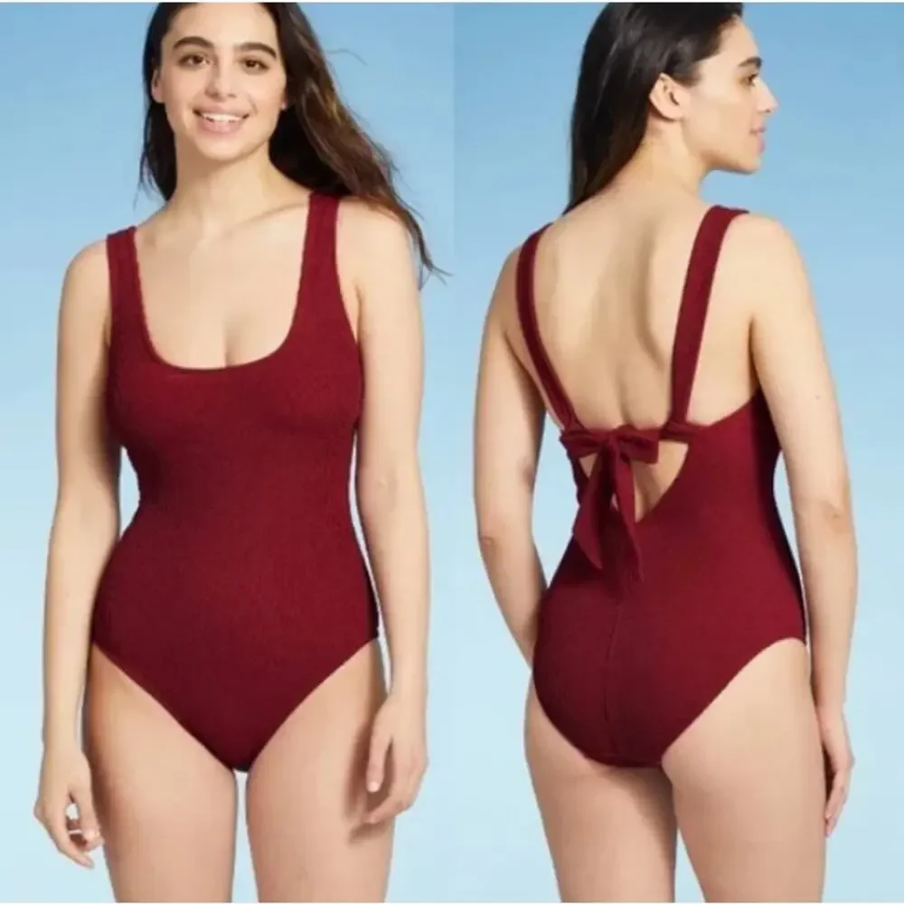 NWT Kona Sol Womens‎ Beach Pucker Square Neck One Piece Swimsuit Size L Burgundy